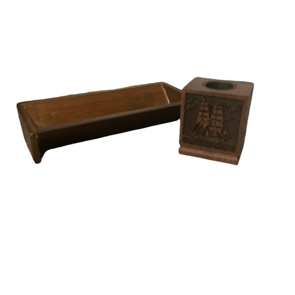 Vintage Lasercraft Walnut Wood Engraved Tall Ships Paper clip/Pen Holder Tray - Picture 2 of 15